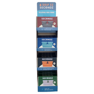 Display rack with multiple boxes of 'SECONDZ' collapsible food storage containers on a white background.